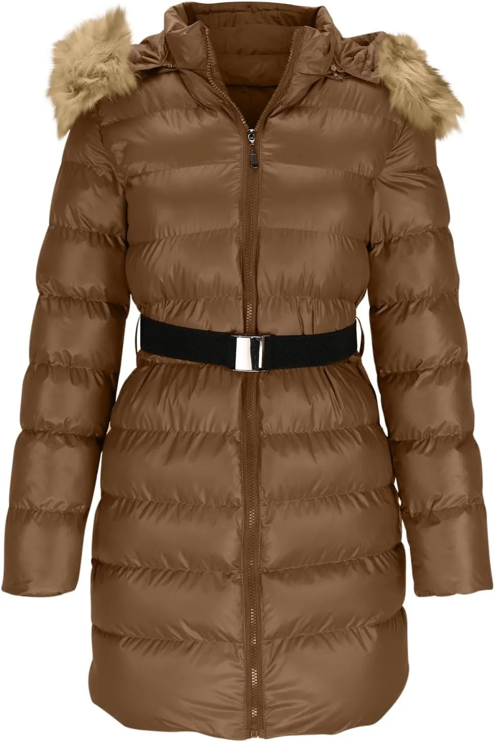 Women Winter Thicken Quilted Puffer Jacket Warm Padded Cotton Coat Zip Belted Down Outwear with Faux Fur Removable Hood