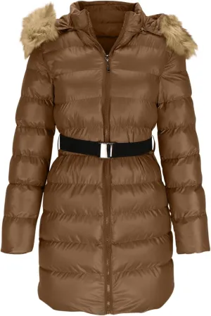 Women Winter Thicken Quilted Puffer Jacket Warm Padded Cotton Coat Zip Belted Down Outwear with Faux Fur Removable Hood