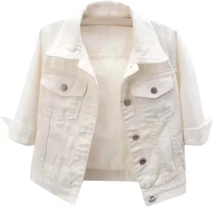 Women's Button Down Half Sleeve Cropped Denim Jean Jacket Ladies Retro Lightweight Jackets