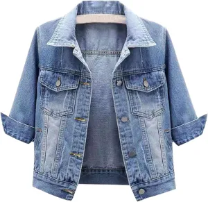 Women's Button Down Half Sleeve Cropped Denim Jean Jacket Ladies Retro Lightweight Jackets