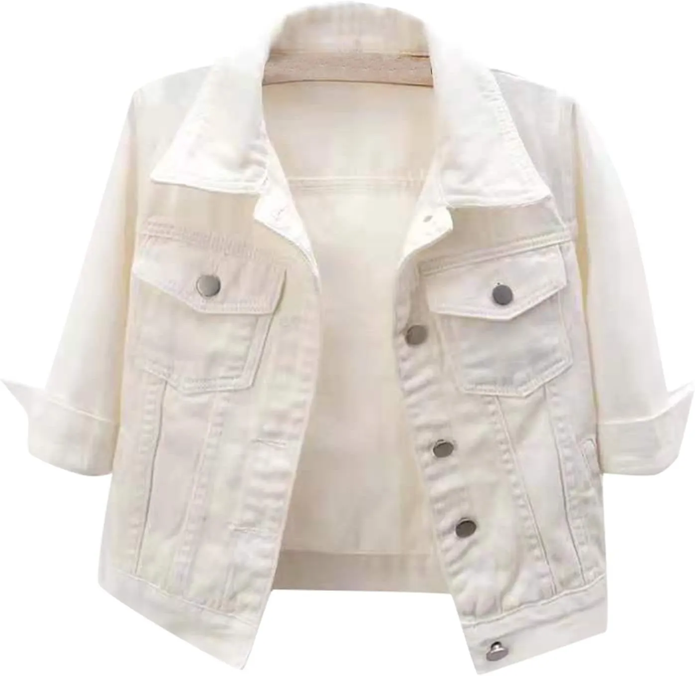 Women's Button Down Half Sleeve Cropped Denim Jean Jacket Ladies Retro Lightweight Jackets