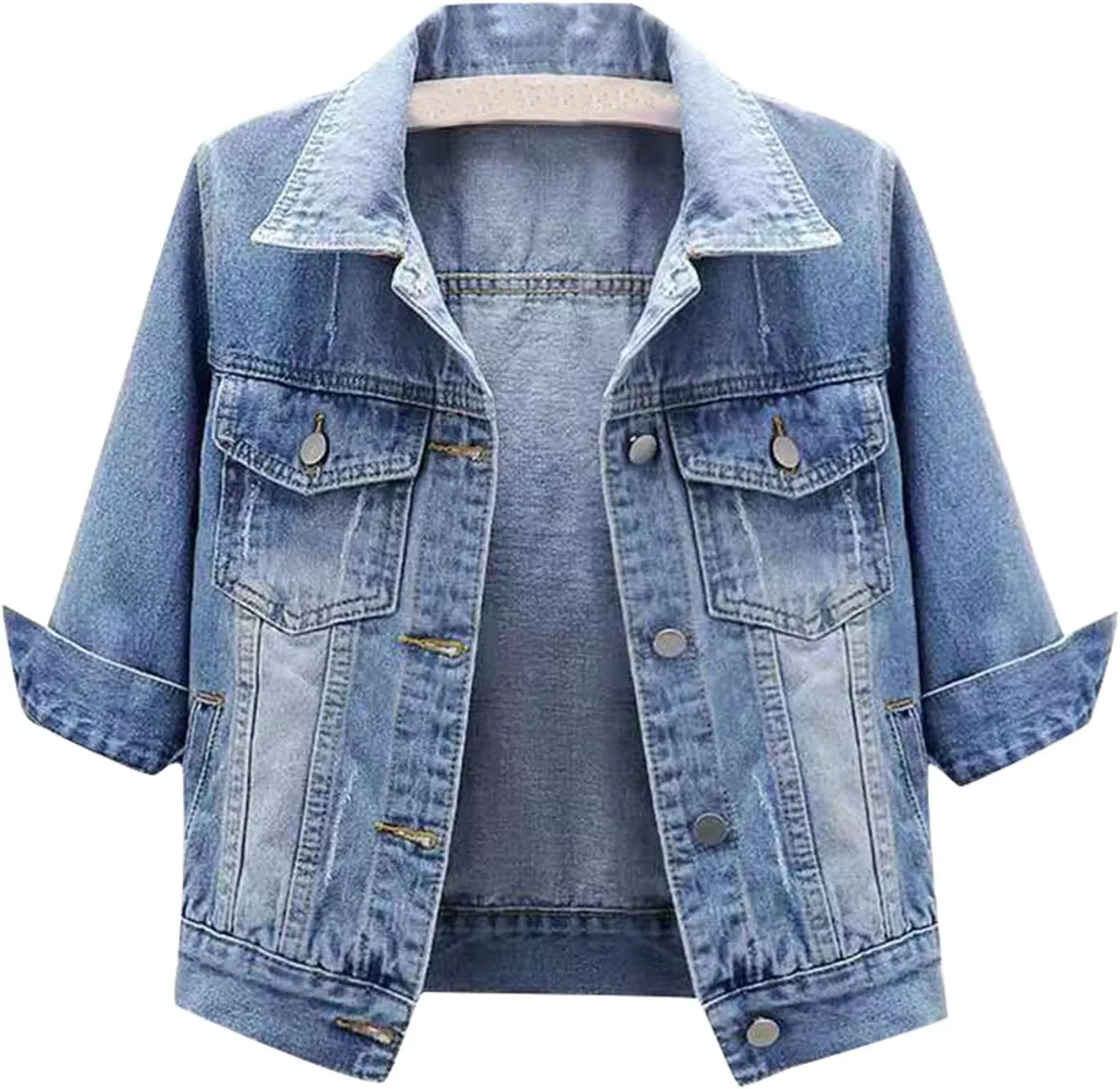 Women's Button Down Half Sleeve Cropped Denim Jean Jacket Ladies Retro Lightweight Jackets