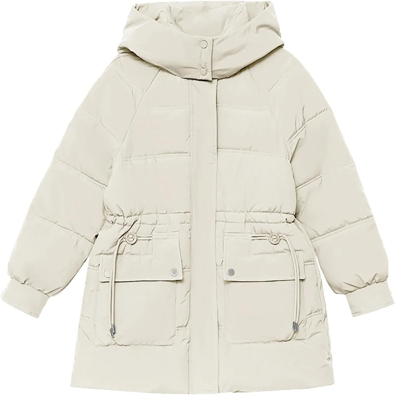Women's Hooded Warm Winter Cotton Padded Down Coat Quilted Thicken Puffer Jacket Drawstring Elastic Waist Parka Outwear