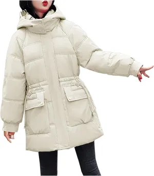 Women's Hooded Warm Winter Cotton Padded Down Coat Quilted Thicken Puffer Jacket Drawstring Elastic Waist Parka Outwear