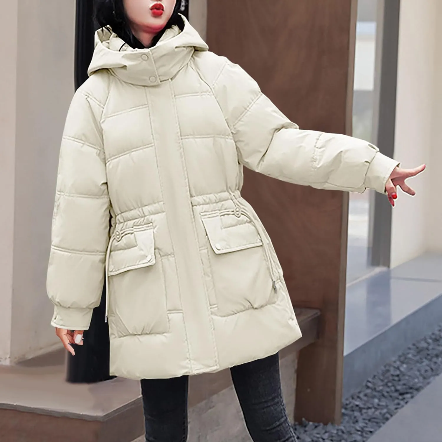 Women's Hooded Warm Winter Cotton Padded Down Coat Quilted Thicken Puffer Jacket Drawstring Elastic Waist Parka Outwear