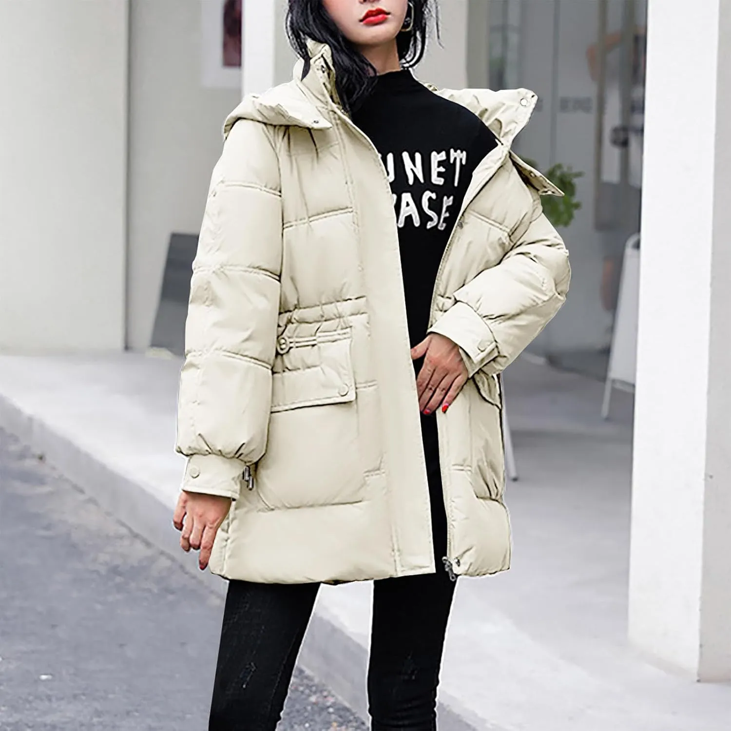 Women's Hooded Warm Winter Cotton Padded Down Coat Quilted Thicken Puffer Jacket Drawstring Elastic Waist Parka Outwear