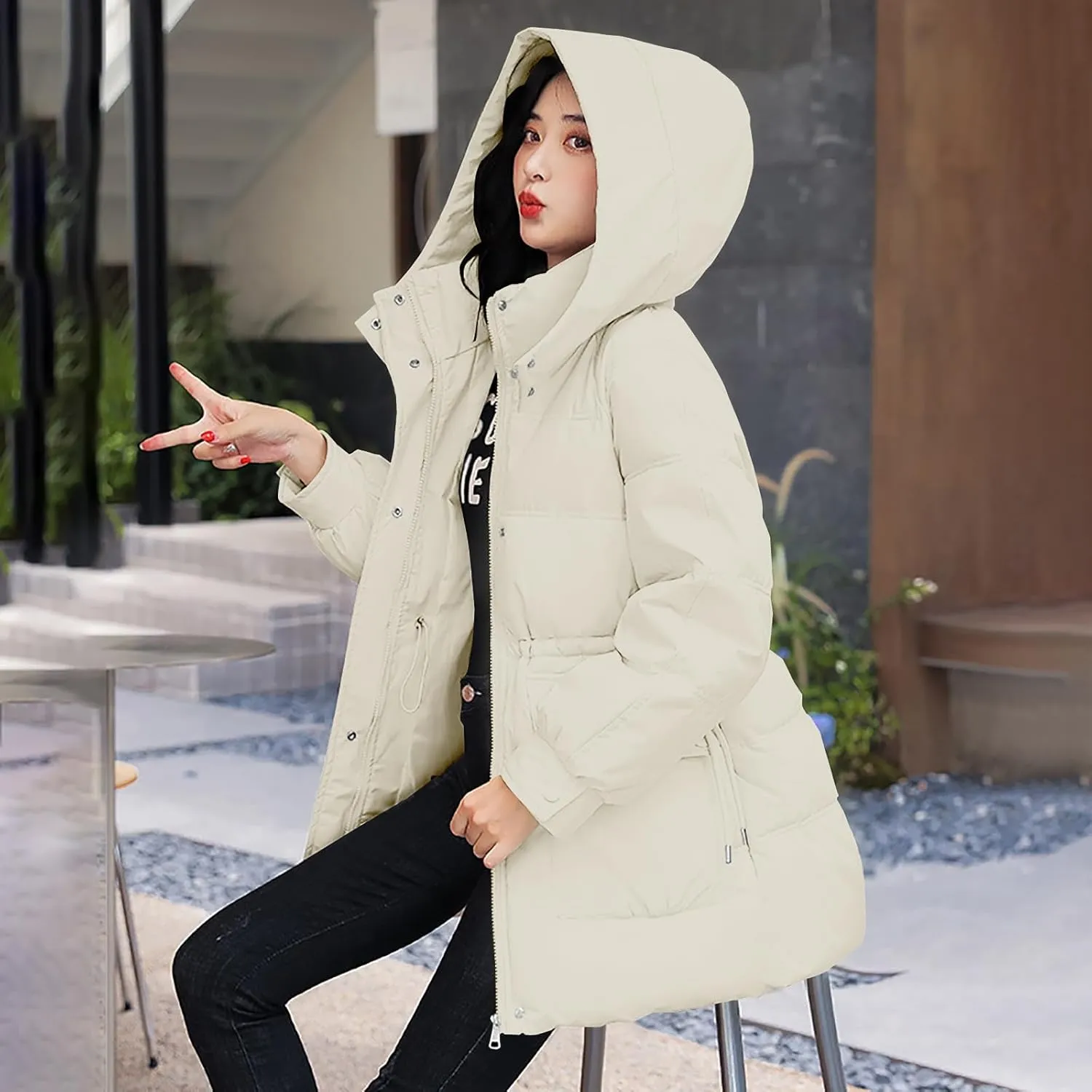 Women's Hooded Warm Winter Cotton Padded Down Coat Quilted Thicken Puffer Jacket Drawstring Elastic Waist Parka Outwear