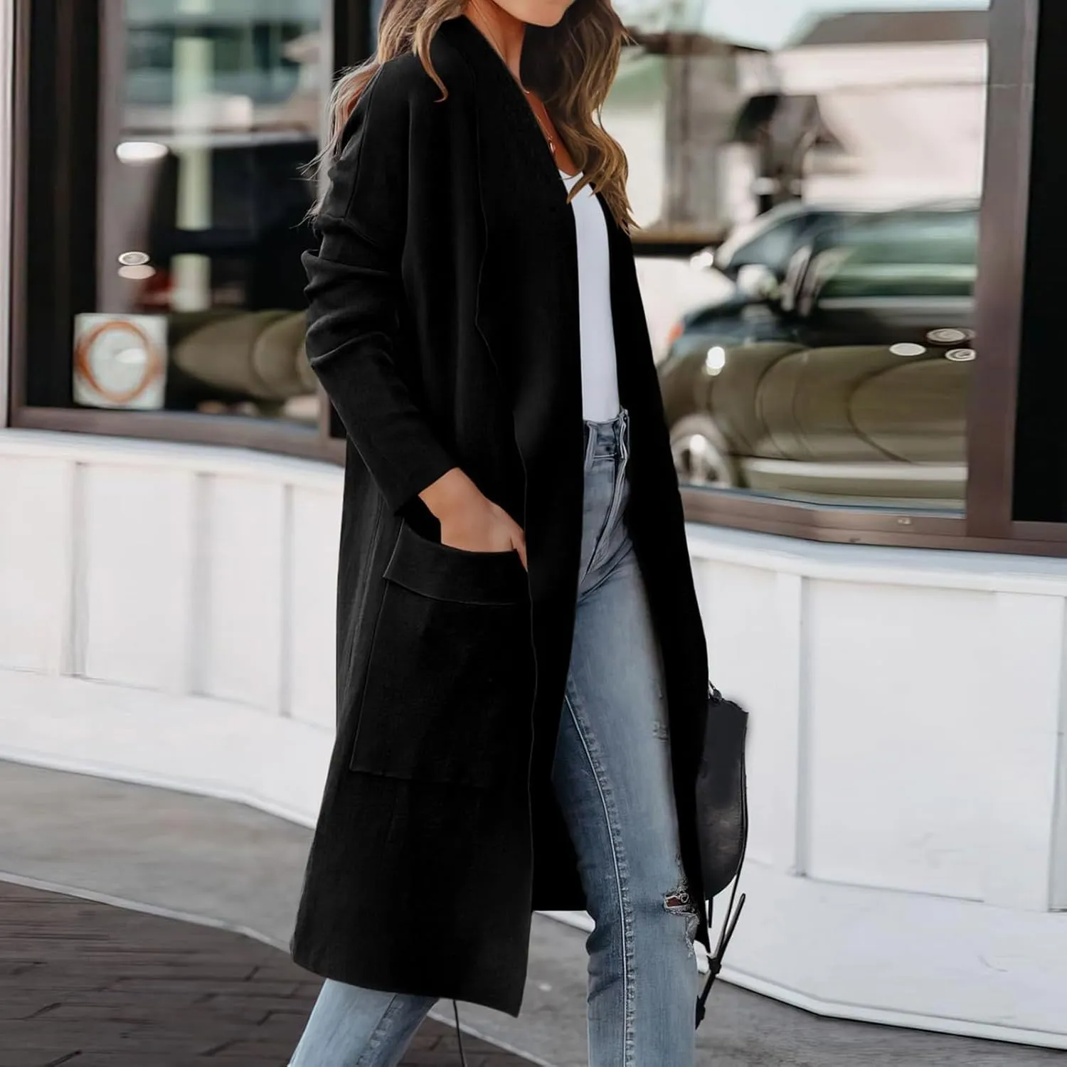 Womens Long Trench Coat Lapel Cardigan Sweater Casual Long Sleeve Draped Open Front Knit Oversized Pea Coat Blazers Jacket