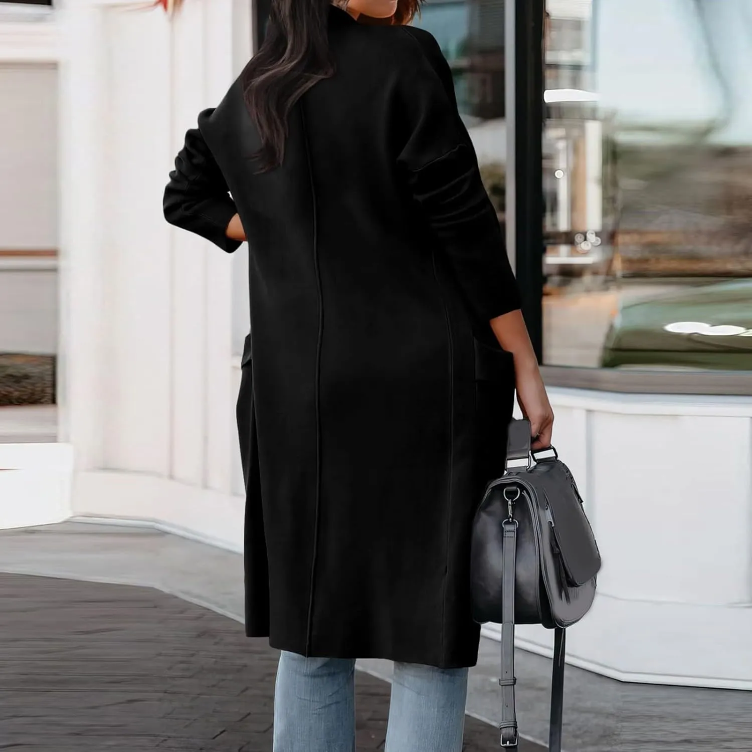 Womens Long Trench Coat Lapel Cardigan Sweater Casual Long Sleeve Draped Open Front Knit Oversized Pea Coat Blazers Jacket
