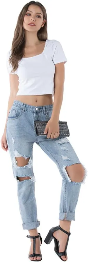 Womens Plus Size Ripped Jeans Distressed Denim Trousers High Waisted Street Fashion Pants Ladies Denim Jeans High Rise
