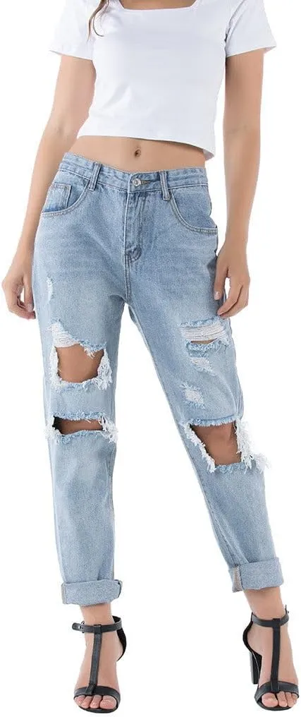 Womens Plus Size Ripped Jeans Distressed Denim Trousers High Waisted Street Fashion Pants Ladies Denim Jeans High Rise