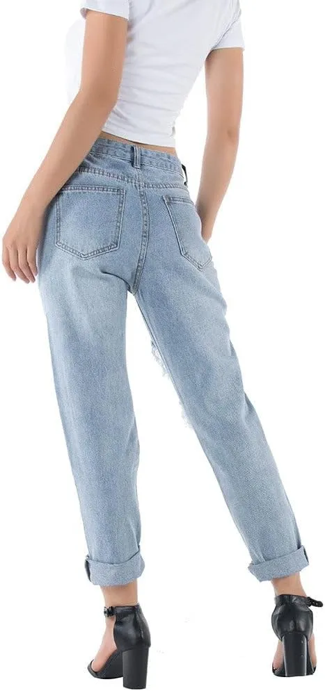 Womens Plus Size Ripped Jeans Distressed Denim Trousers High Waisted Street Fashion Pants Ladies Denim Jeans High Rise