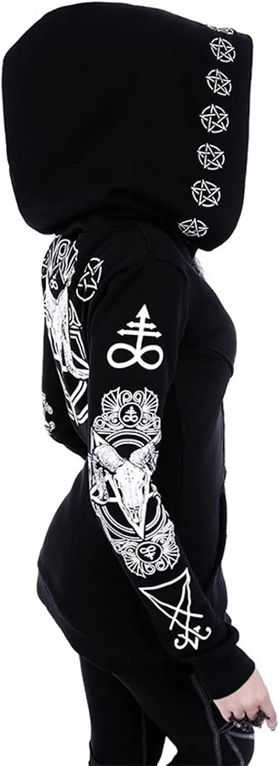 Womens Punk Gothic Sweatshirt Witchcraft Moon Long Hoodie Jacket Long Sleeve Zip Up Hoodie Cosplay Zipper Cardigans