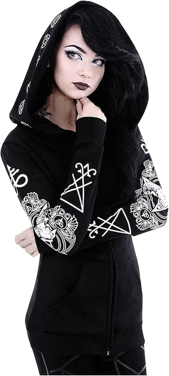 Womens Punk Gothic Sweatshirt Witchcraft Moon Long Hoodie Jacket Long Sleeve Zip Up Hoodie Cosplay Zipper Cardigans
