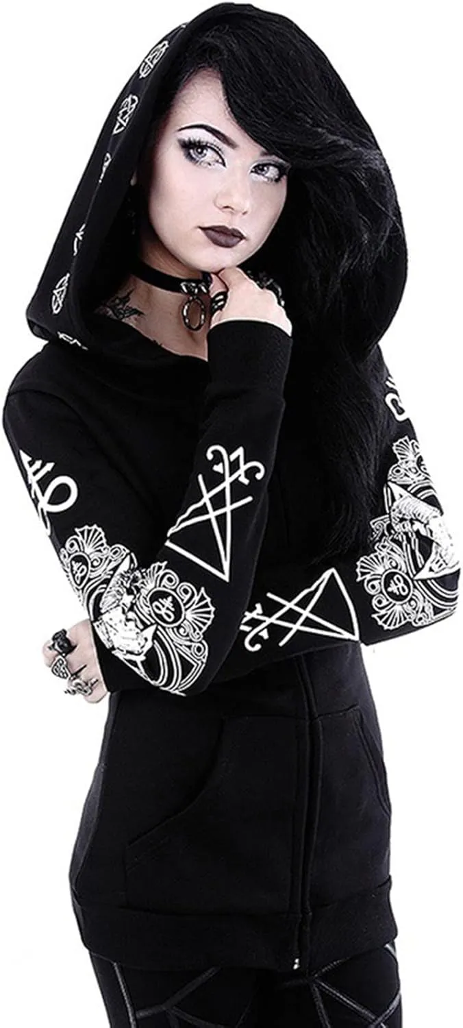 Womens Punk Gothic Sweatshirt Witchcraft Moon Long Hoodie Jacket Long Sleeve Zip Up Hoodie Cosplay Zipper Cardigans