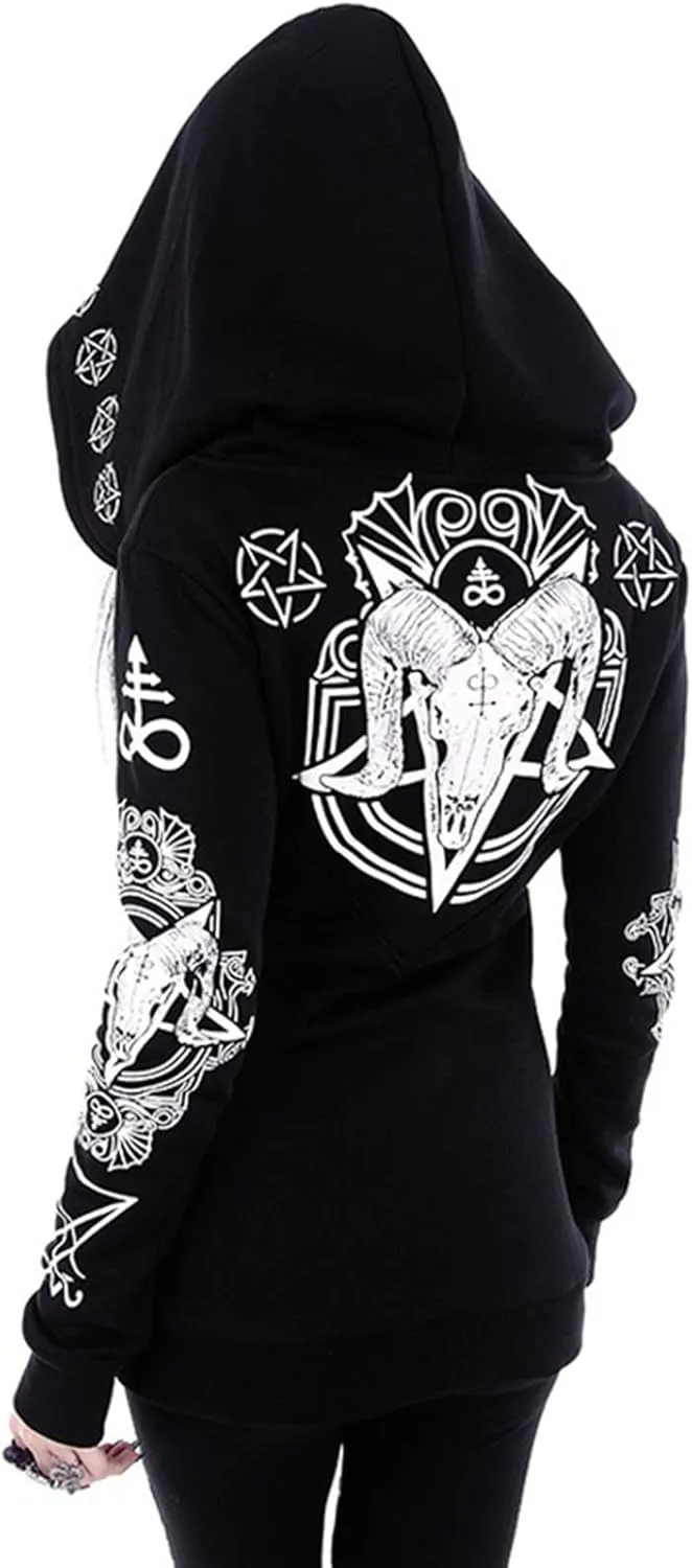 Womens Punk Gothic Sweatshirt Witchcraft Moon Long Hoodie Jacket Long Sleeve Zip Up Hoodie Cosplay Zipper Cardigans