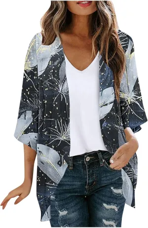Womens Summer 3/4 Sleeve Chiffon Kimono Cardigan Work Swimsuit Open Cover Ups Front Flowy Loose Beach Coverups
