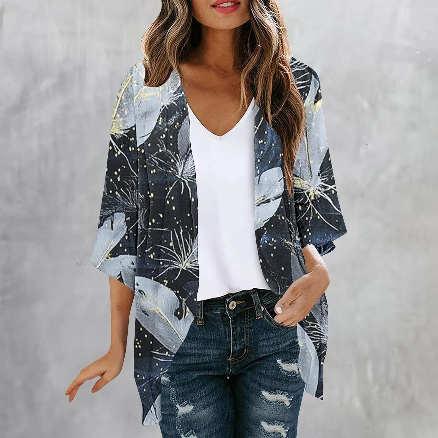 Womens Summer 3/4 Sleeve Chiffon Kimono Cardigan Work Swimsuit Open Cover Ups Front Flowy Loose Beach Coverups