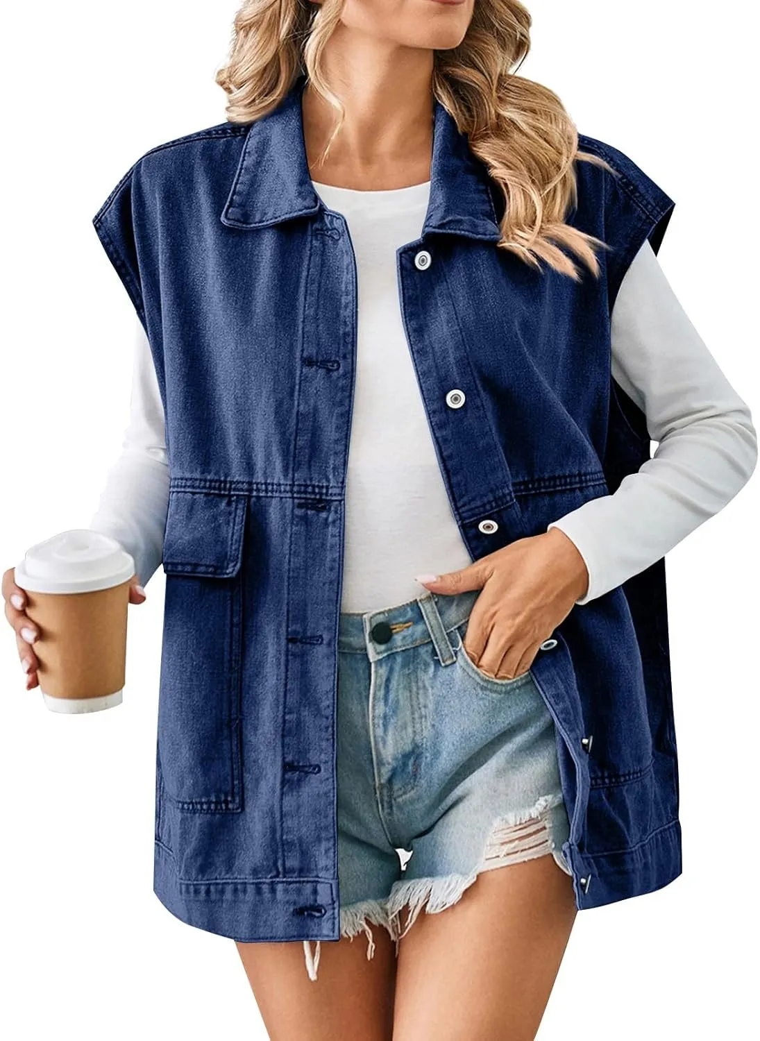 Womens Vintage Denim Jean Vest Oversized Button Down Sleeveless Lapel Collar Waistcoat Jean Vest Top with Pockets