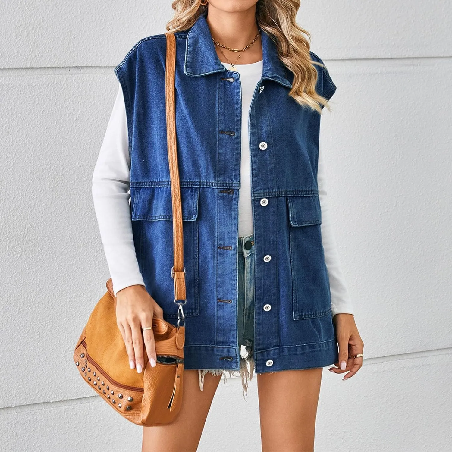 Womens Vintage Denim Jean Vest Oversized Button Down Sleeveless Lapel Collar Waistcoat Jean Vest Top with Pockets