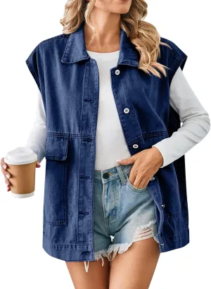 Womens Vintage Denim Jean Vest Oversized Button Down Sleeveless Lapel Collar Waistcoat Jean Vest Top with Pockets