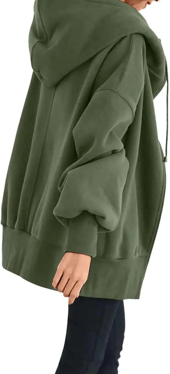 Women's Zip Up Hoodies Drawstring Long Sleeve Oversized Sweatshirts Loose Casual Fall Long Jackets Coats with Pockets