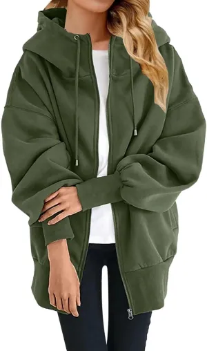 Women's Zip Up Hoodies Drawstring Long Sleeve Oversized Sweatshirts Loose Casual Fall Long Jackets Coats with Pockets